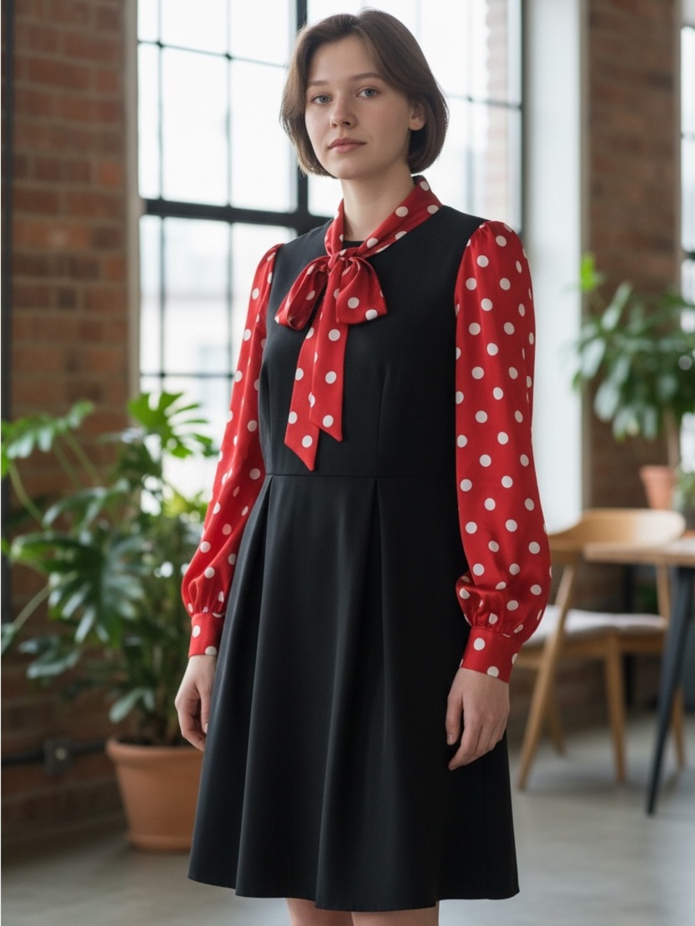 Black Dress with Red Polka Dot Sleeves and Neck Tie